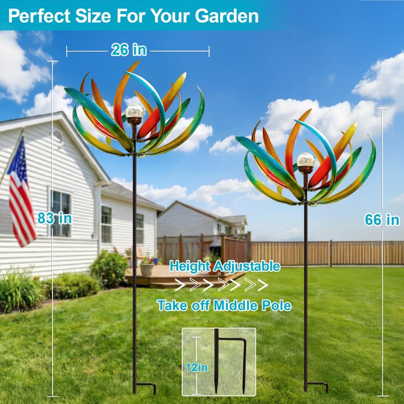 Qualdout Large Solar Wind Spinners for Yard and Garden-82.6 Inch 360Â° Metal Wind Sculptures Outdoor Clearance Kinetic Windmills with Multi Color Led Glass Ball - Image 5