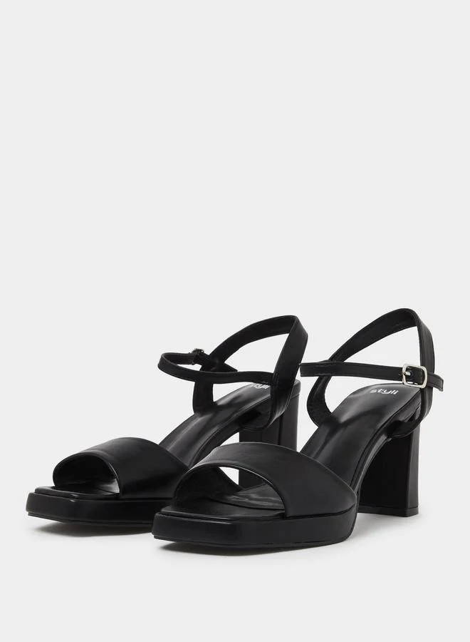 Styli Black Plain Ankle Strap Block Heel Sandals