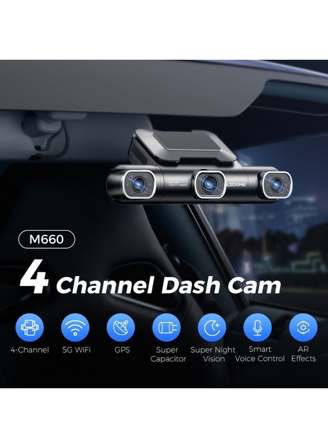 أزدوم كاميرا مراقبة للسيارة M350 (محدثة من M660) بـ 4 كاميرات، أمامية بدقة 2K وخلفية بدقة 1K وداخلية بدقة 1K+1K، مع خاصية اكتشاف الموقع عبر آبل، مكثف فائق السرعة، مستشعر صور متقدم، نظام تحديد المواقع العالمي (GPS)، واي فاي 5G، والتحكم الصوتي - Image 2