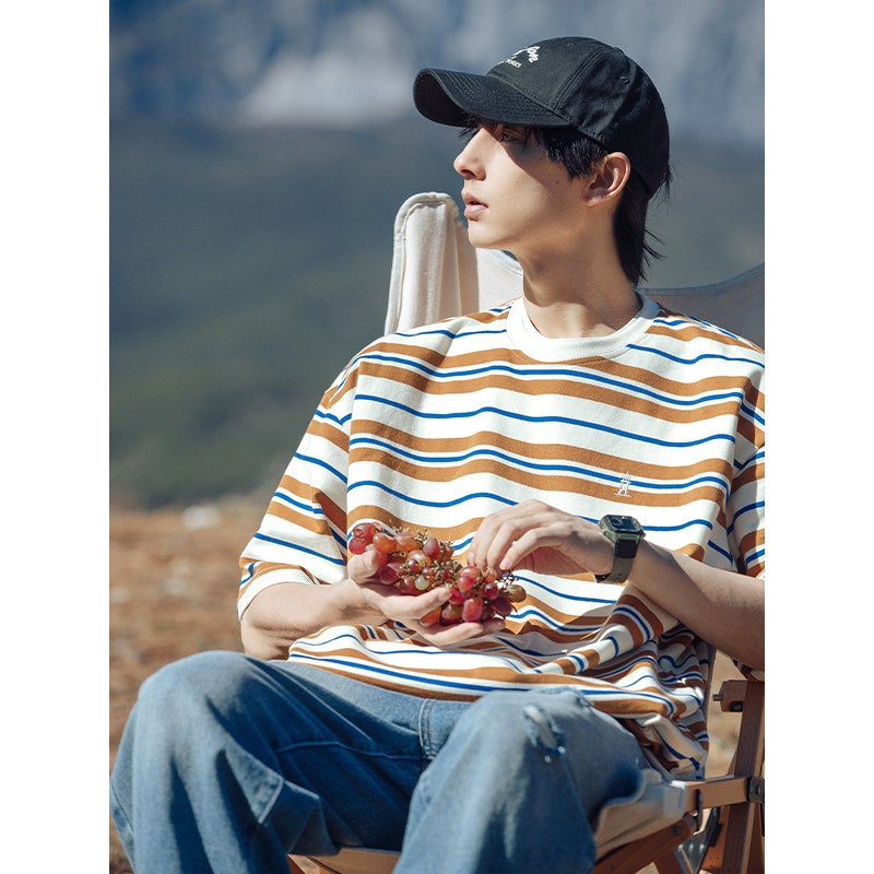 Striped short-sleeved t-shirt men's round neck 2025 new summer youth fashion brand loose embroidery cotton half-sleeved clothes - Image 2