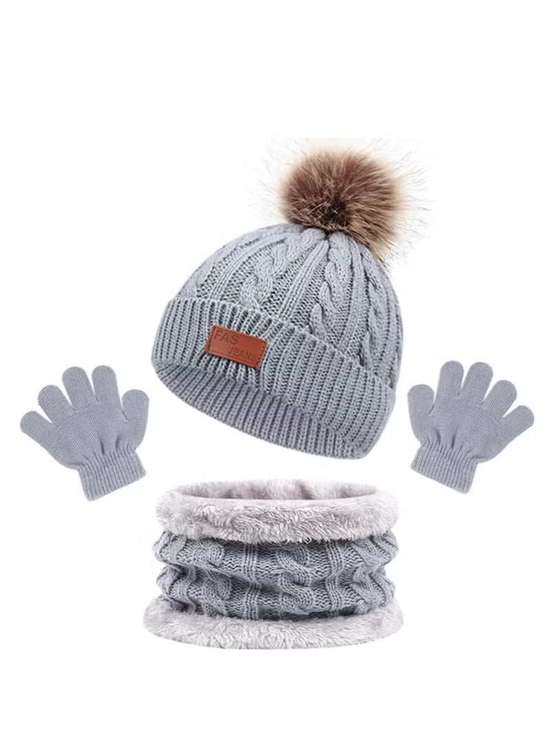 Furtey Children's hat, scarf, and glove set; children's winter knitted hat, scarf, and glove set; thickened warm fleece lining; suitable for children aged 2-6 (grey). - Image 1
