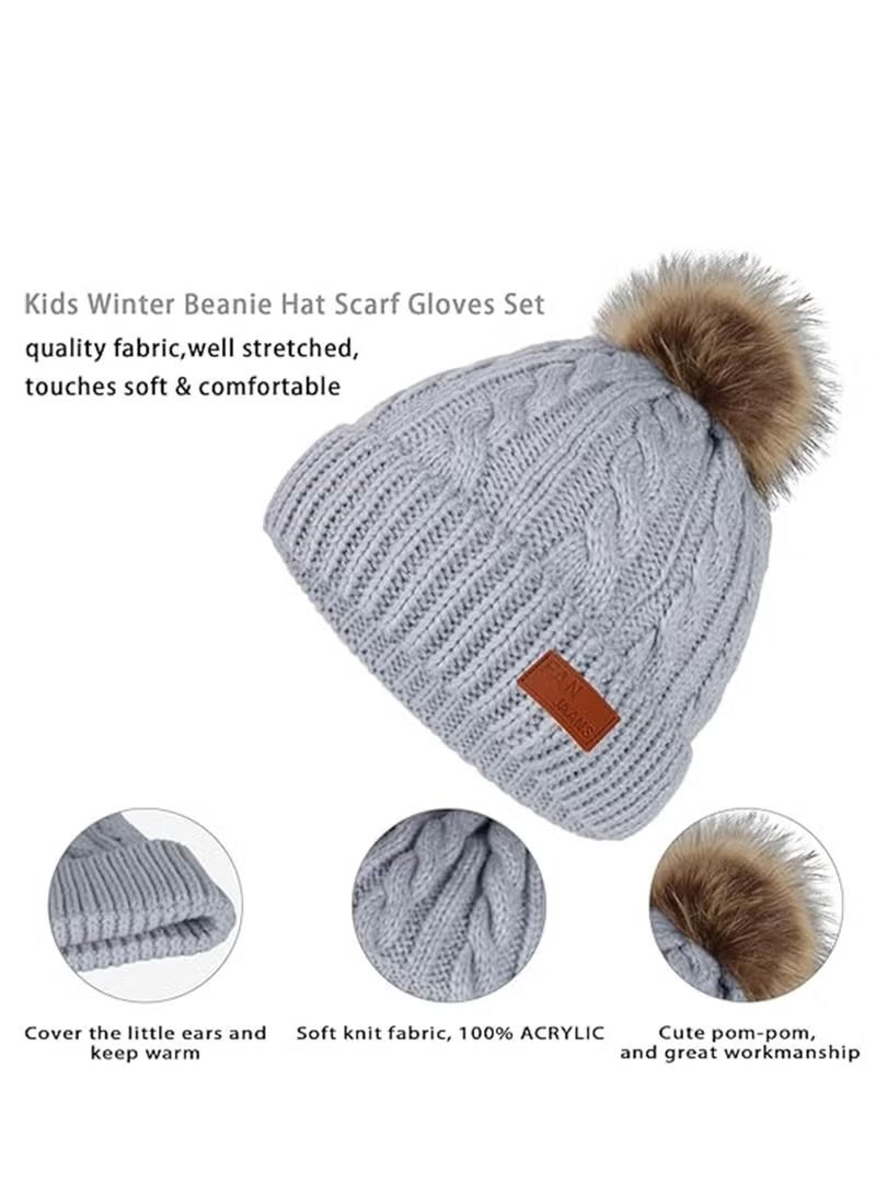 Furtey Children's hat, scarf, and glove set; children's winter knitted hat, scarf, and glove set; thickened warm fleece lining; suitable for children aged 2-6 (grey). - Image 5