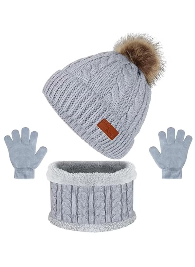 Furtey Children's hat, scarf, and glove set; children's winter knitted hat, scarf, and glove set; thickened warm fleece lining; suitable for children aged 2-6 (grey). - Image 2
