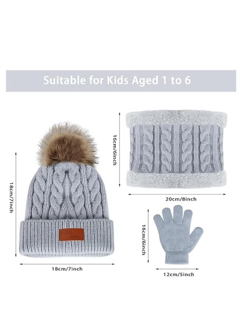 Furtey Children's hat, scarf, and glove set; children's winter knitted hat, scarf, and glove set; thickened warm fleece lining; suitable for children aged 2-6 (grey). - Image 3