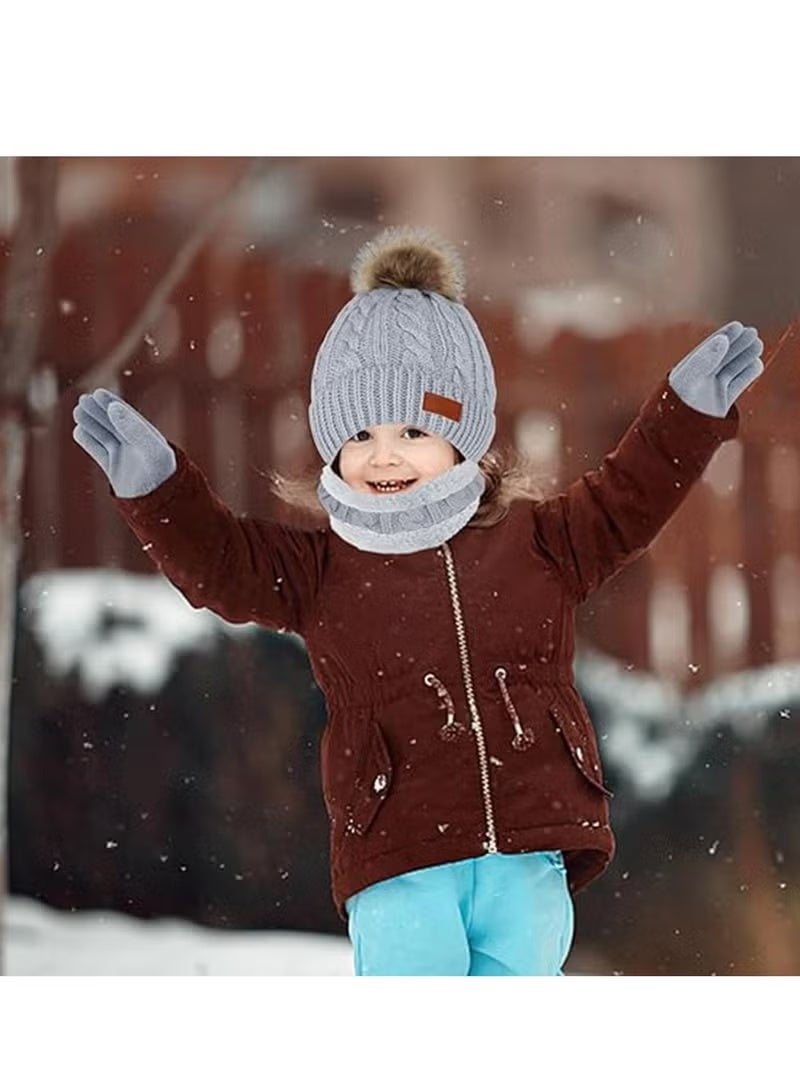 Furtey Children's hat, scarf, and glove set; children's winter knitted hat, scarf, and glove set; thickened warm fleece lining; suitable for children aged 2-6 (grey). - Image 4
