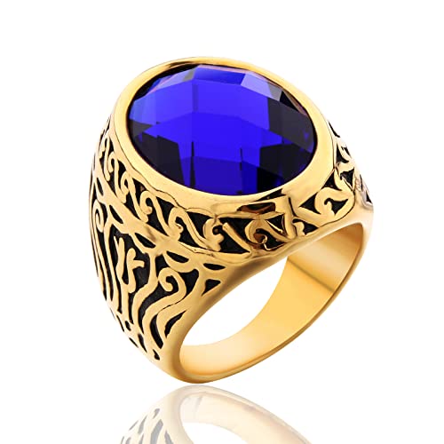 MASOP Jewellery Vintage Mens Stainless Steel CZ Ring Gold Biker Sapphire Color Blue Stone Size 9 - Image 1