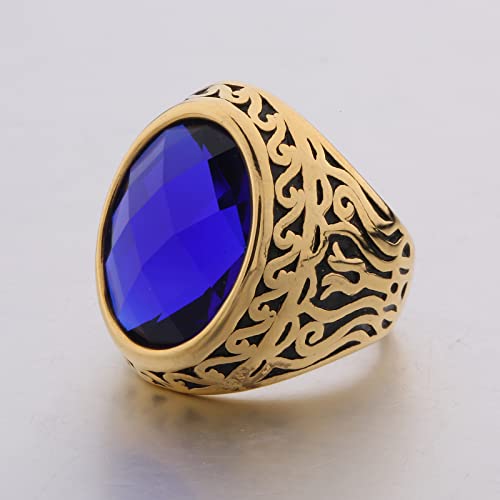 MASOP Jewellery Vintage Mens Stainless Steel CZ Ring Gold Biker Sapphire Color Blue Stone Size 9 - Image 4