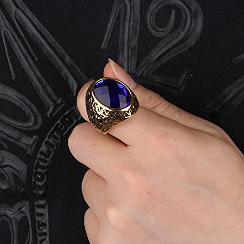 MASOP Jewellery Vintage Mens Stainless Steel CZ Ring Gold Biker Sapphire Color Blue Stone Size 9 - Image 2