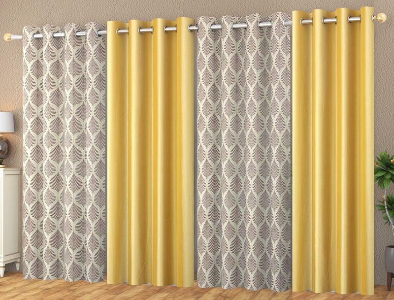 Yarnis Floral Printed Light-Filtering Curtains 9 Feet Long for Long Door Living Room, Brown & Yellow, Combo Pack of 4, Parda - Image 2