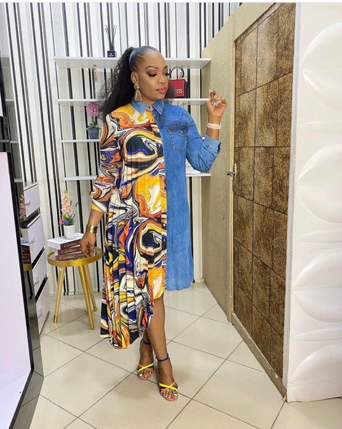 Supply Denim chiffon stitching unique cutting fashion loose shirt dress Europe, America and Africa plus size specials Yellow