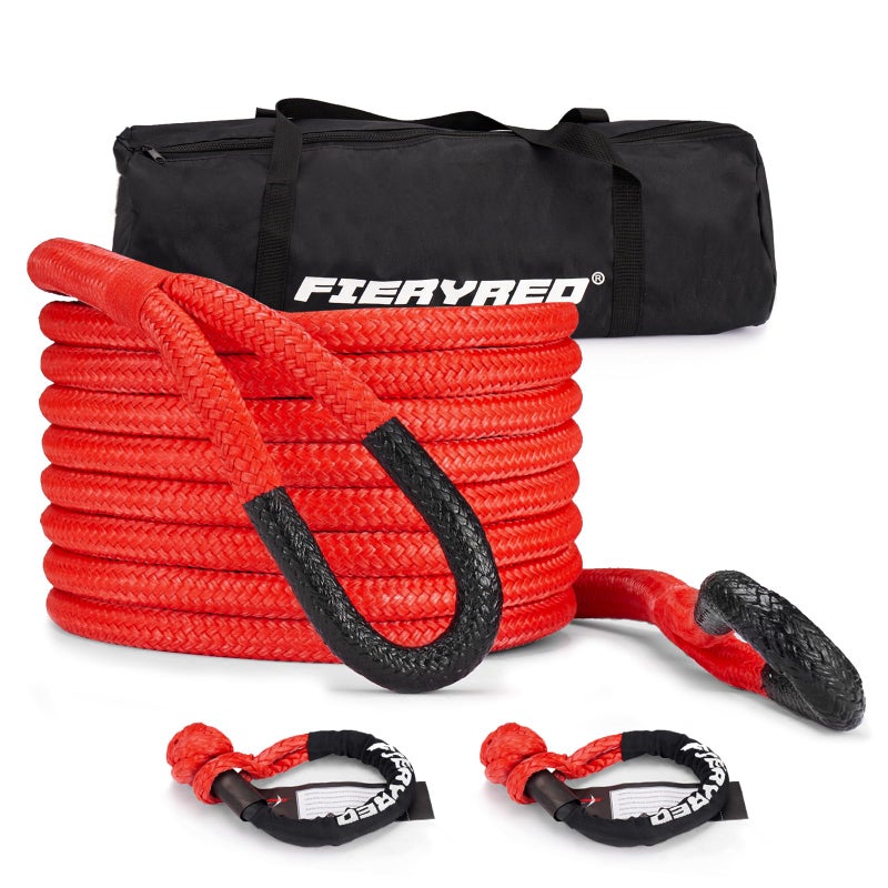 FieryRed 34 x 20FT Kinetic Recovery Rope Kit with 2 Soft Shackles 26500LBS MBS Heavy Duty Tow Rope Snatch Strap Offroad for SUV Truck Car and Tractor