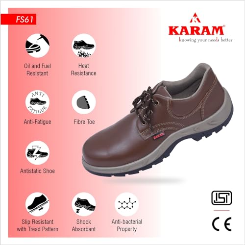 KARAM FS61 Brown Leather Safety Shoes for Men | Double Density with Fiber Toe | Antistatic, Anstislip, Oil & Heat Resistant | Size-11 - Image 3