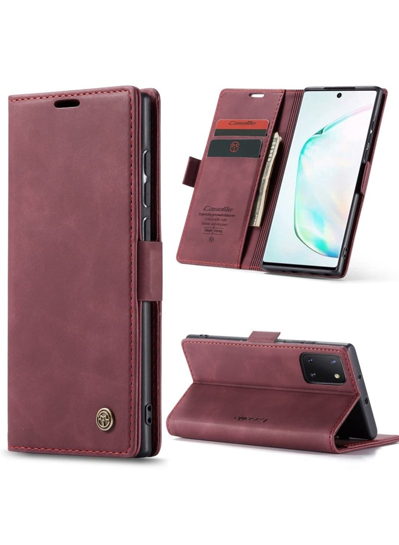 CaseMe Phone Case Luxury PU Leather Design 013 Flip Cover Card Slot Holder Cover For Samsung Galaxy Note 10 Lite (Wine Red) - Image 1