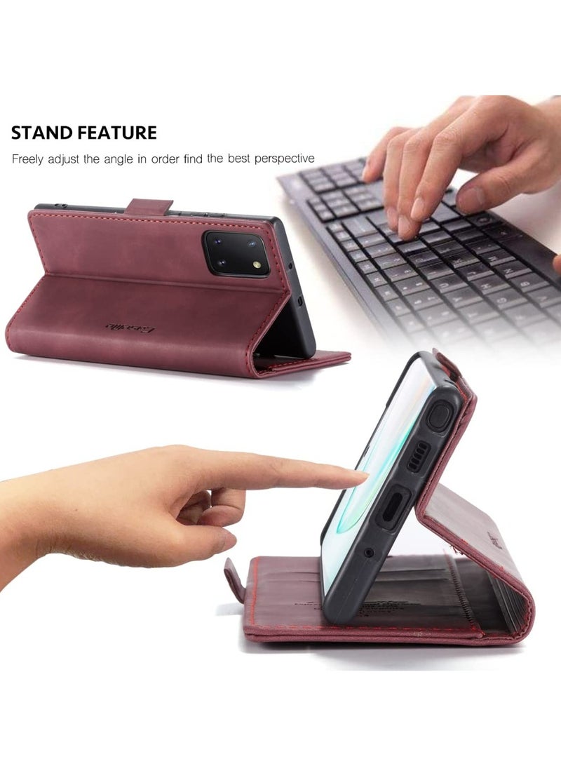 CaseMe Phone Case Luxury PU Leather Design 013 Flip Cover Card Slot Holder Cover For Samsung Galaxy Note 10 Lite (Wine Red) - Image 3