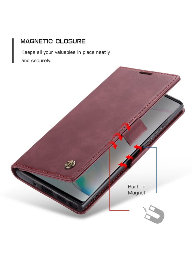 CaseMe Phone Case Luxury PU Leather Design 013 Flip Cover Card Slot Holder Cover For Samsung Galaxy Note 10 Lite (Wine Red) - Image 4