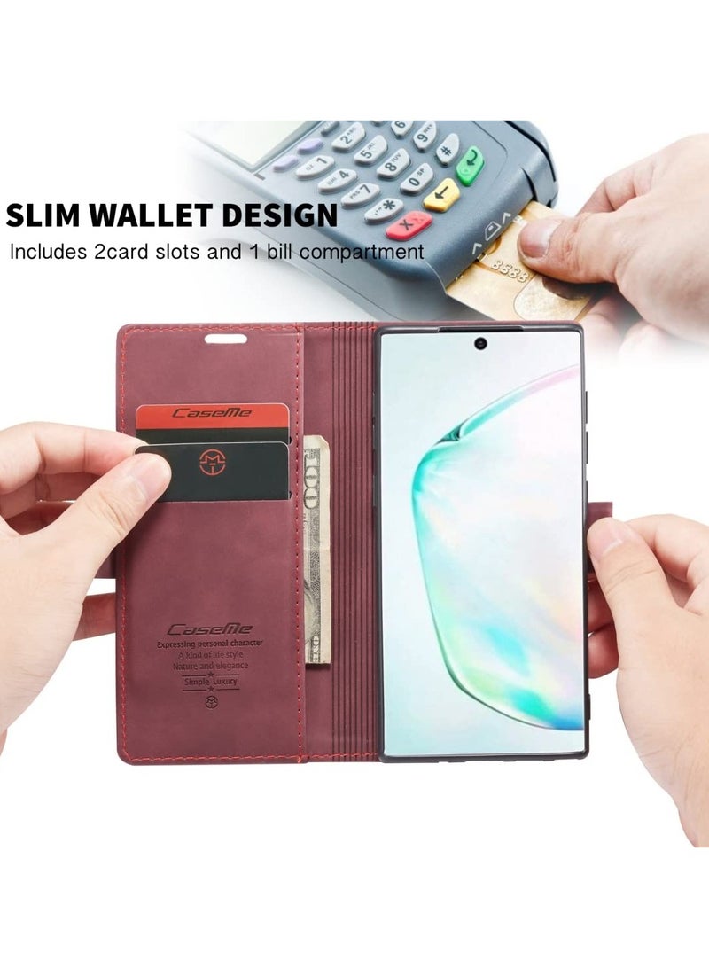 CaseMe Phone Case Luxury PU Leather Design 013 Flip Cover Card Slot Holder Cover For Samsung Galaxy Note 10 Lite (Wine Red) - Image 5