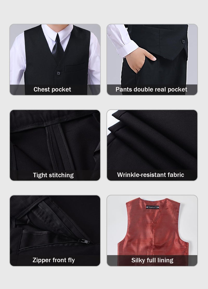 YuanLu 4 Piece Boys' Formal Suit Set with Black Vest Pants White Dress Shirt and Tie Size 2T - Image 4