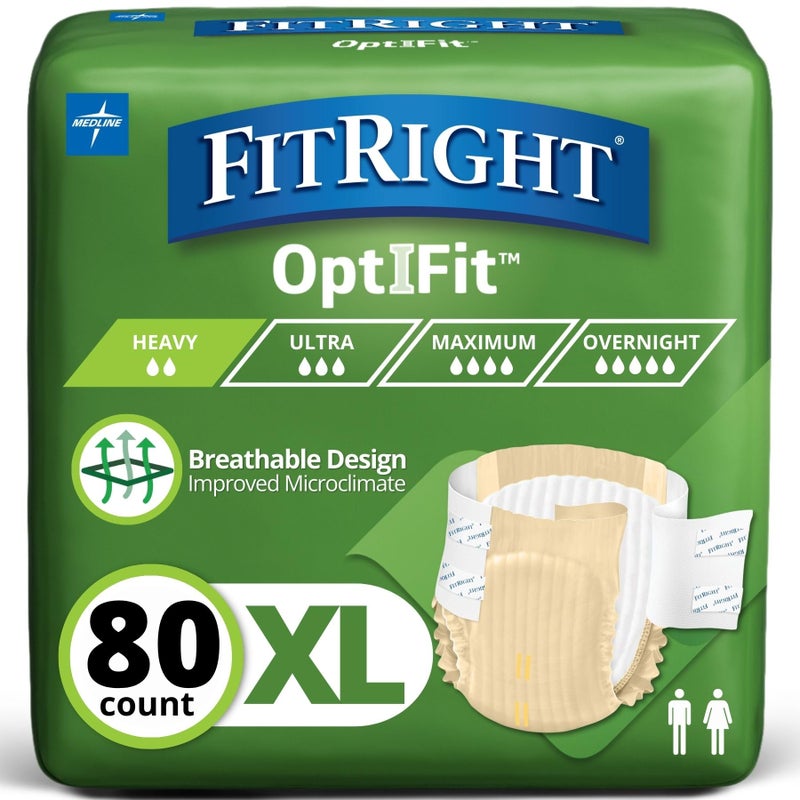 FitRight Adult Diapers, Extra Heavy Absorbency, XL (Waist Size 56in-64in), 80 Count, OptiFit Incontinence Briefs for Men and Women, Disposable, Moisture Wicking, Leak Protection, - Image 1