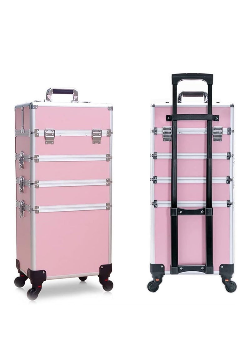 Makeup Trolley Case, Large 4-in-1 Makeup Jewelry Box Travel Suitcase Cart with 4 360° Wheels, 4 Layer Professional Aluminum Cosmetics Organizer with Drawers for Travel Makeup Beauty Nail Art (4 Layer Pink) - Image 1