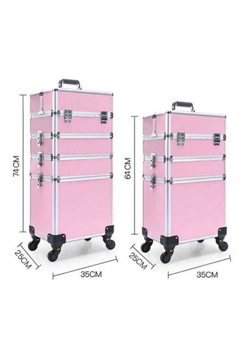 Makeup Trolley Case, Large 4-in-1 Makeup Jewelry Box Travel Suitcase Cart with 4 360° Wheels, 4 Layer Professional Aluminum Cosmetics Organizer with Drawers for Travel Makeup Beauty Nail Art (4 Layer Pink) - Image 2
