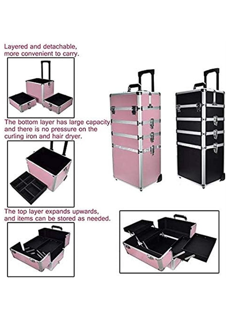 Makeup Trolley Case, Large 4-in-1 Makeup Jewelry Box Travel Suitcase Cart with 4 360° Wheels, 4 Layer Professional Aluminum Cosmetics Organizer with Drawers for Travel Makeup Beauty Nail Art (4 Layer Pink) - Image 3