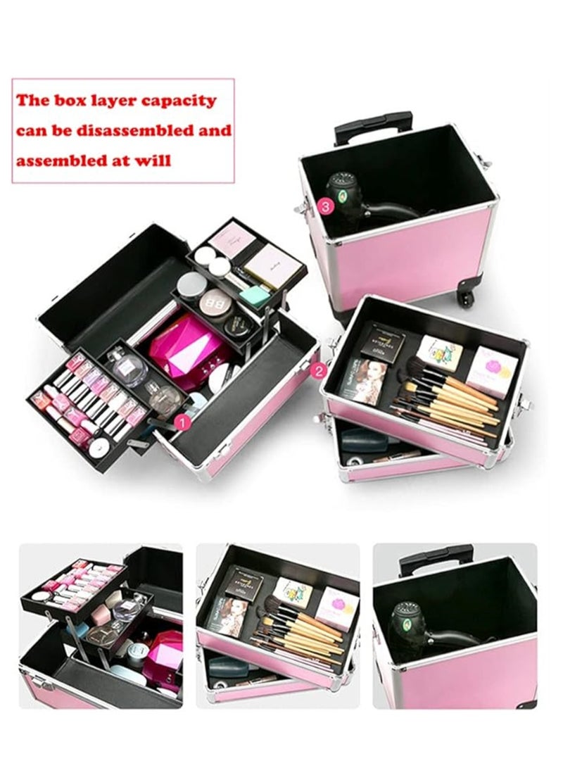 Makeup Trolley Case, Large 4-in-1 Makeup Jewelry Box Travel Suitcase Cart with 4 360° Wheels, 4 Layer Professional Aluminum Cosmetics Organizer with Drawers for Travel Makeup Beauty Nail Art (4 Layer Pink) - Image 4
