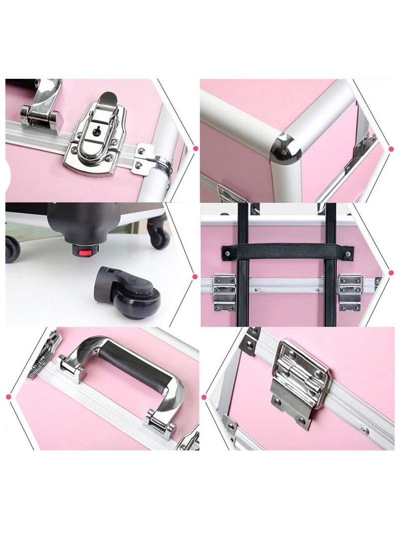 Makeup Trolley Case, Large 4-in-1 Makeup Jewelry Box Travel Suitcase Cart with 4 360° Wheels, 4 Layer Professional Aluminum Cosmetics Organizer with Drawers for Travel Makeup Beauty Nail Art (4 Layer Pink) - Image 5