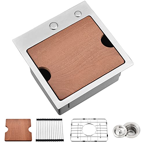 VASOYO 15 Inch Bar Sink Drop In Workstation-VASOYO 15x15 Small Kitchen Sink Drop In Topmount 16 Gauge Stainless Steel Bar Prep Sinks Outdoor Rv Kitchen Sinks Single Bowl Island Basin with Cutting Board - Image 1