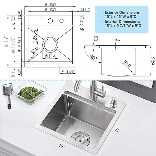 VASOYO 15 Inch Bar Sink Drop In Workstation-VASOYO 15x15 Small Kitchen Sink Drop In Topmount 16 Gauge Stainless Steel Bar Prep Sinks Outdoor Rv Kitchen Sinks Single Bowl Island Basin with Cutting Board - Image 4