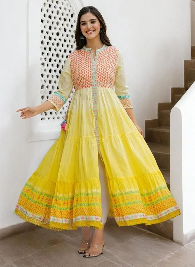 Ishin  Women'S Yellow 100% Cotton Embroidered Knee Length Smock Straight Fit Dress for Women | Best Price UAE