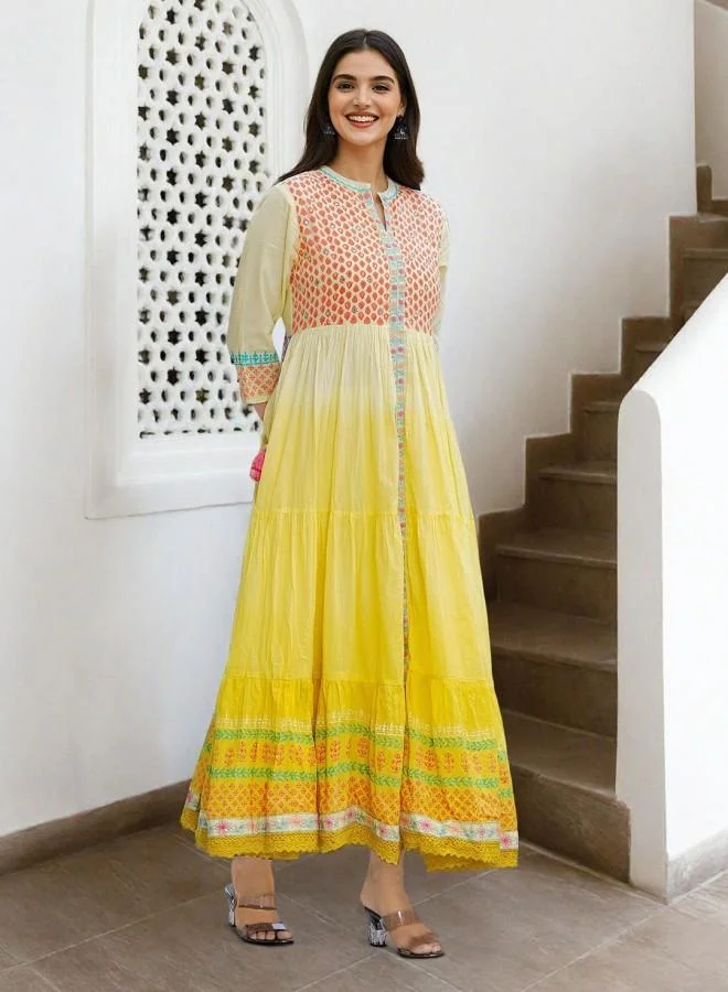 Ishin  Women'S Yellow 100% Cotton Embroidered Knee Length Smock Straight Fit Dress for Women | Best Price UAE