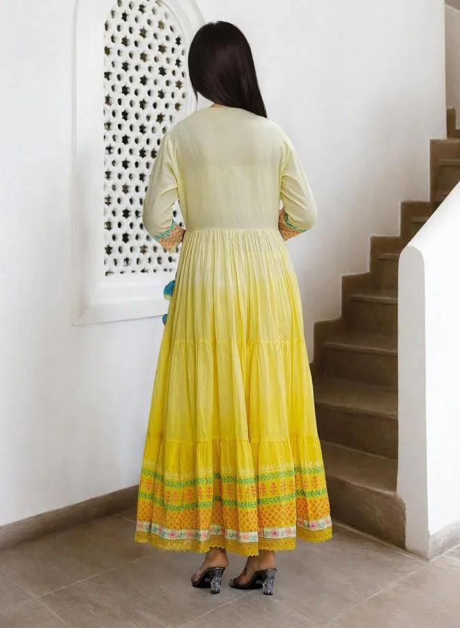Ishin  Women'S Yellow 100% Cotton Embroidered Knee Length Smock Straight Fit Dress for Women | Best Price UAE