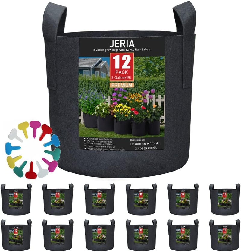 JERIA 12-Pack 5 Gallon, Vegetable/Flower/Plant Grow Bags, Aeration Fabric Pots with Handles (Black), Come with 12 Pcs Plant Labels - Image 1