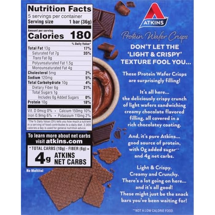 Atkins Chocolate Crème Protein Wafer Crisps, Protein Dessert, 4g Net Carb, 1g Sugar, High in Fiber, Keto Friendly, 5 Count - Image 5