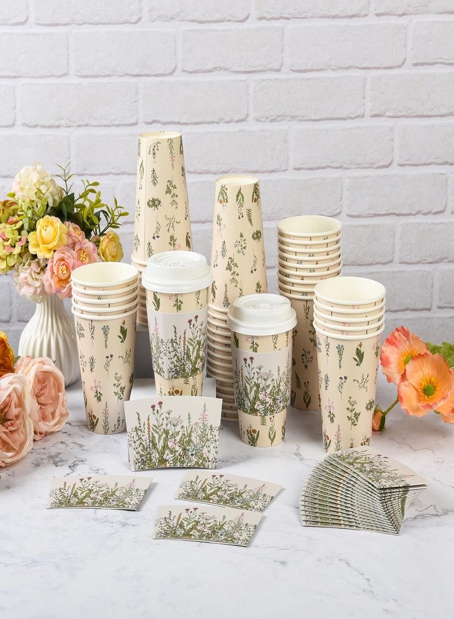 AimFun 50Pcs Floral Disposable Coffee Cups with Lids and Sleeves Vintage Botanical Herb 12oz To Go Party Paper Drinking Cups for Spring Summer Birthday Weddings Bridal Shower Party Supplies - Image 3