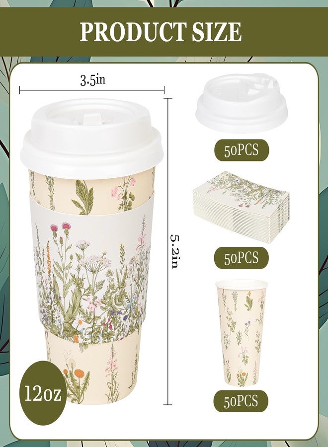 AimFun 50Pcs Floral Disposable Coffee Cups with Lids and Sleeves Vintage Botanical Herb 12oz To Go Party Paper Drinking Cups for Spring Summer Birthday Weddings Bridal Shower Party Supplies - Image 2