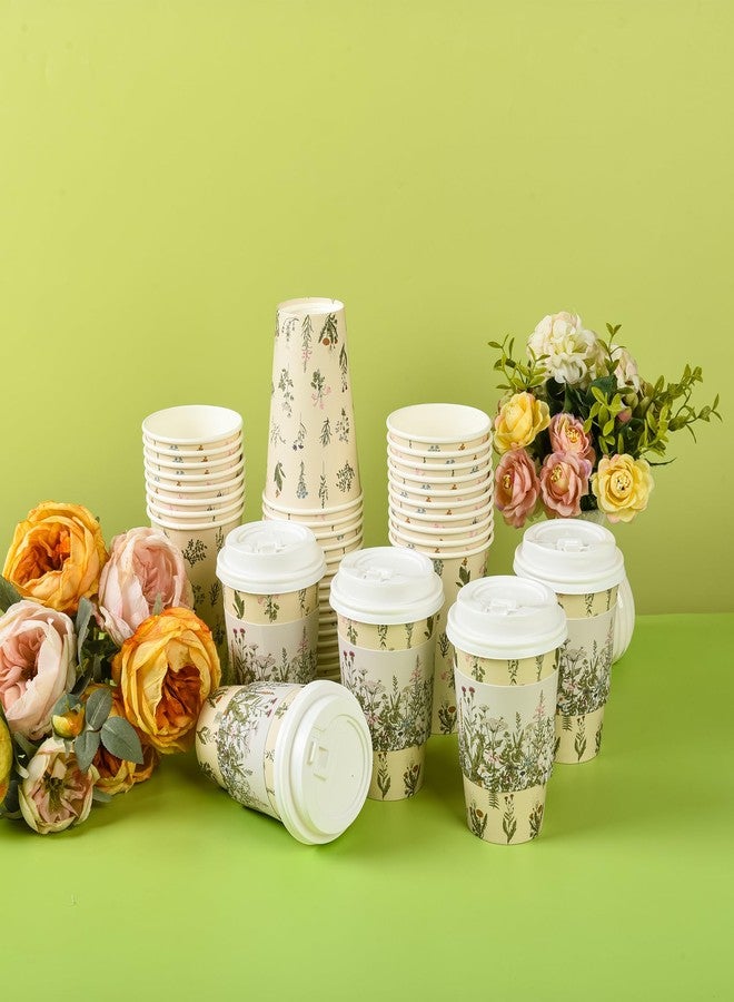 AimFun 50Pcs Floral Disposable Coffee Cups with Lids and Sleeves Vintage Botanical Herb 12oz To Go Party Paper Drinking Cups for Spring Summer Birthday Weddings Bridal Shower Party Supplies - Image 5