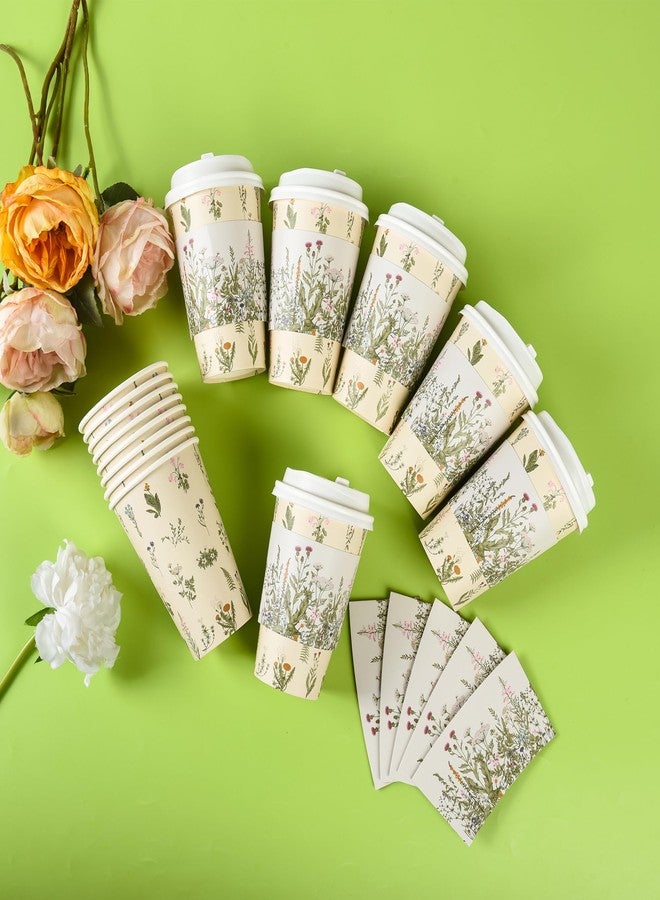 AimFun 50Pcs Floral Disposable Coffee Cups with Lids and Sleeves Vintage Botanical Herb 12oz To Go Party Paper Drinking Cups for Spring Summer Birthday Weddings Bridal Shower Party Supplies - Image 4