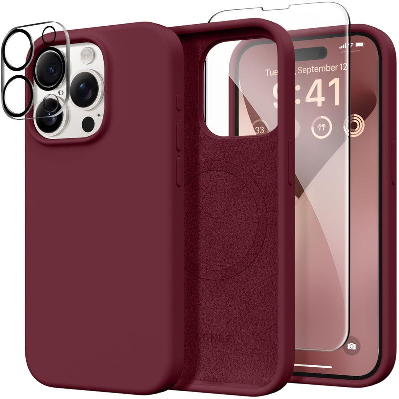 GONEZ for iPhone 15 Pro Max Case Silicone, Compatible with Magsafe, Camera Protector + Screen Protector, Soft Anti-Scratch Microfiber Lining, Liquid Silicone Shockproof Phone Cover, Maroon - Image 1