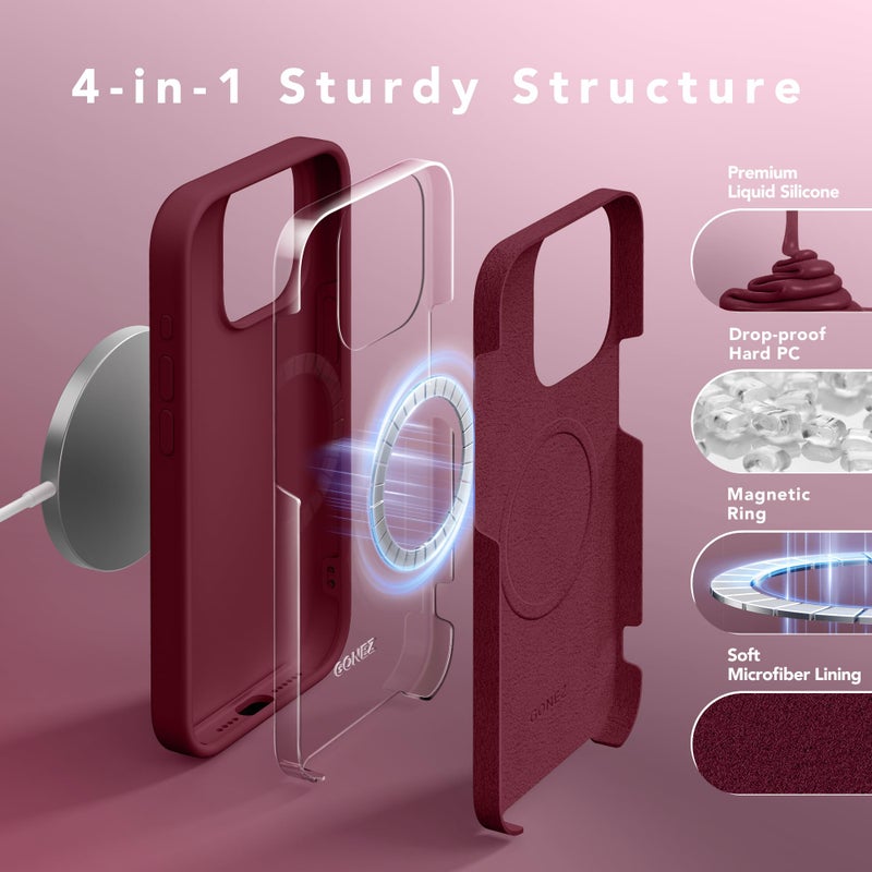 GONEZ for iPhone 15 Pro Max Case Silicone, Compatible with Magsafe, Camera Protector + Screen Protector, Soft Anti-Scratch Microfiber Lining, Liquid Silicone Shockproof Phone Cover, Maroon - Image 5