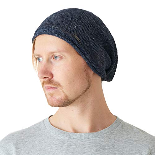 CHARM Linen Beanie Hat for Summer - Mens Slouchy Beanie Womens Baggy Knit Cap Cooling Hat Navy - Image 1
