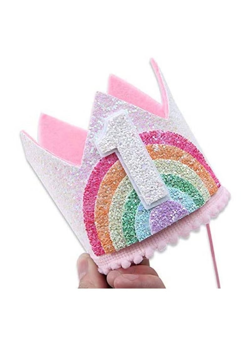 Beauenty - Rainbow Crown Hat Pink Birthday Party Crown Headband Glitter Crown for Baby Girl’s First Birthday, Cute Mini Hat - Image 1