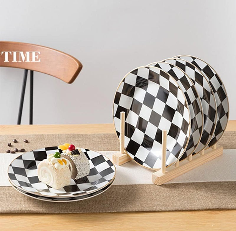 RockTrend طبق عشاء سيراميك بتصميم مربعات باللونين الأسود والأبيض مع حواف ذهبية - مجموعة من 2 - Image 5