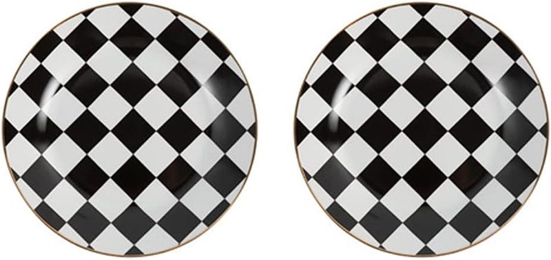RockTrend طبق عشاء سيراميك بتصميم مربعات باللونين الأسود والأبيض مع حواف ذهبية - مجموعة من 2 - Image 1