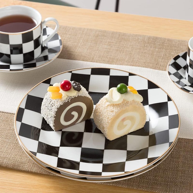 RockTrend طبق عشاء سيراميك بتصميم مربعات باللونين الأسود والأبيض مع حواف ذهبية - مجموعة من 2 - Image 3