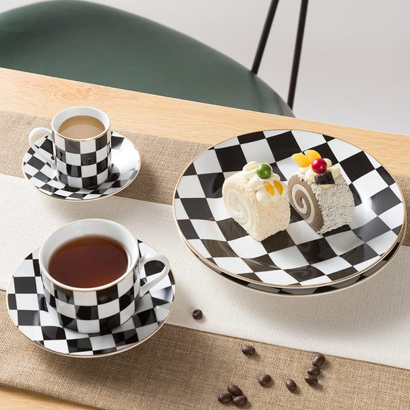 RockTrend طبق عشاء سيراميك بتصميم مربعات باللونين الأسود والأبيض مع حواف ذهبية - مجموعة من 2 - Image 4