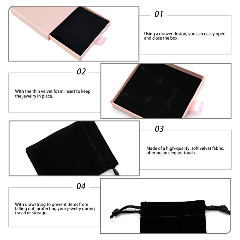 Quacc Small Jewelry Gift Box and Velvet Bag, Necklace Bracelet Earring Cardboard Organizer Square Jewellery Gift Box Pendent Storage Case for Birthday Xmas Christmas Wrapping (Pink) - Image 5