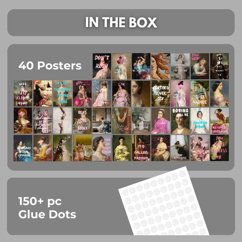 auraposter 40-Piece Aesthetic Mini Poster Set (15x10 cm) – Vintage Art with Modern Quotes | Cute Aesthetic Wall Collage Kit for Room Decor, Dorm, Bedroom, Girls | Cottagecore, Y2K, Feminist Vibe - Image 3