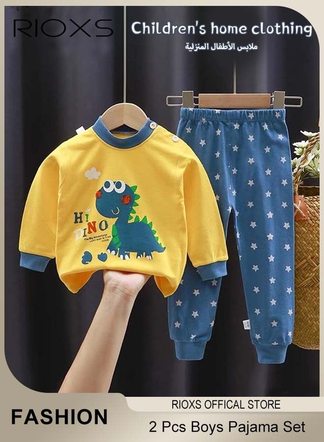 RIOXS 2 Pcs Boys Pajama Set, Adorable Cartoon Dinosaur Cotton Long Sleeve Top and Pants, Soft Comfortable Sleepwear for Kid Boys, Breathable Pure Cotton Nightwear for Toddler Boys, Suitable for Spring and Fall - Image 5