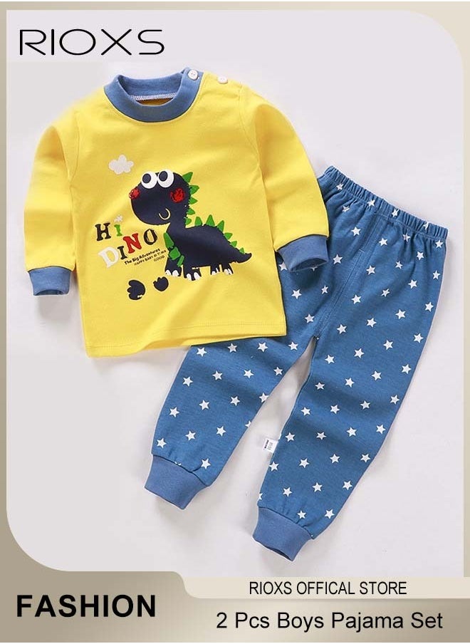RIOXS - 2 Pcs Boys Pajama Set, Adorable Cartoon Suit, Comfortable Long Sleeve Sleepwear, Pure Cotton Nightwear for Toddler Boys, Suitable for Spring and Fall - Image 1